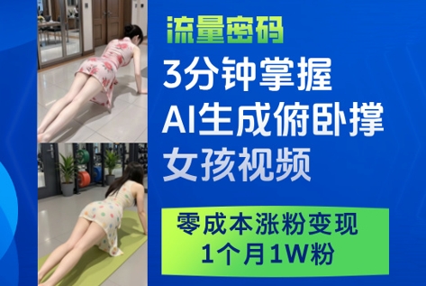 3分钟掌握AI生成俯卧撑女孩视频，零成本涨粉变现，1个月1W粉-阿卡帕尼智赚AI实验室