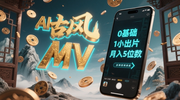 AI一键生成古风音乐MV，0剪辑基础1小时出片，多种变现渠道，一部手机月入5位数-阿卡帕尼智赚AI实验室